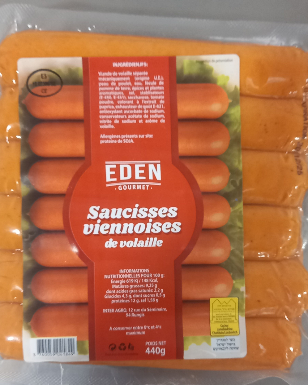 Saucisses Viennoises fumées 440 gr EDEN
